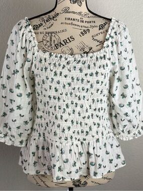 Loft Women’s Smocked Peplum Hem with Green Floral Print Peasant Blouse Medium